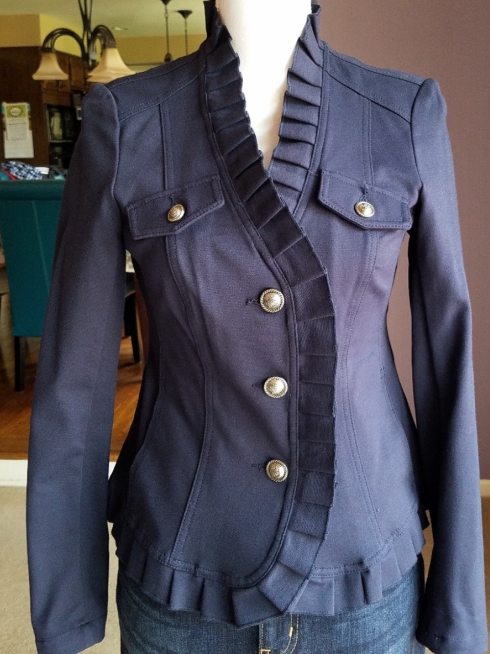 INC International Concepts Ruffle Trim Blue Military Jacket XS